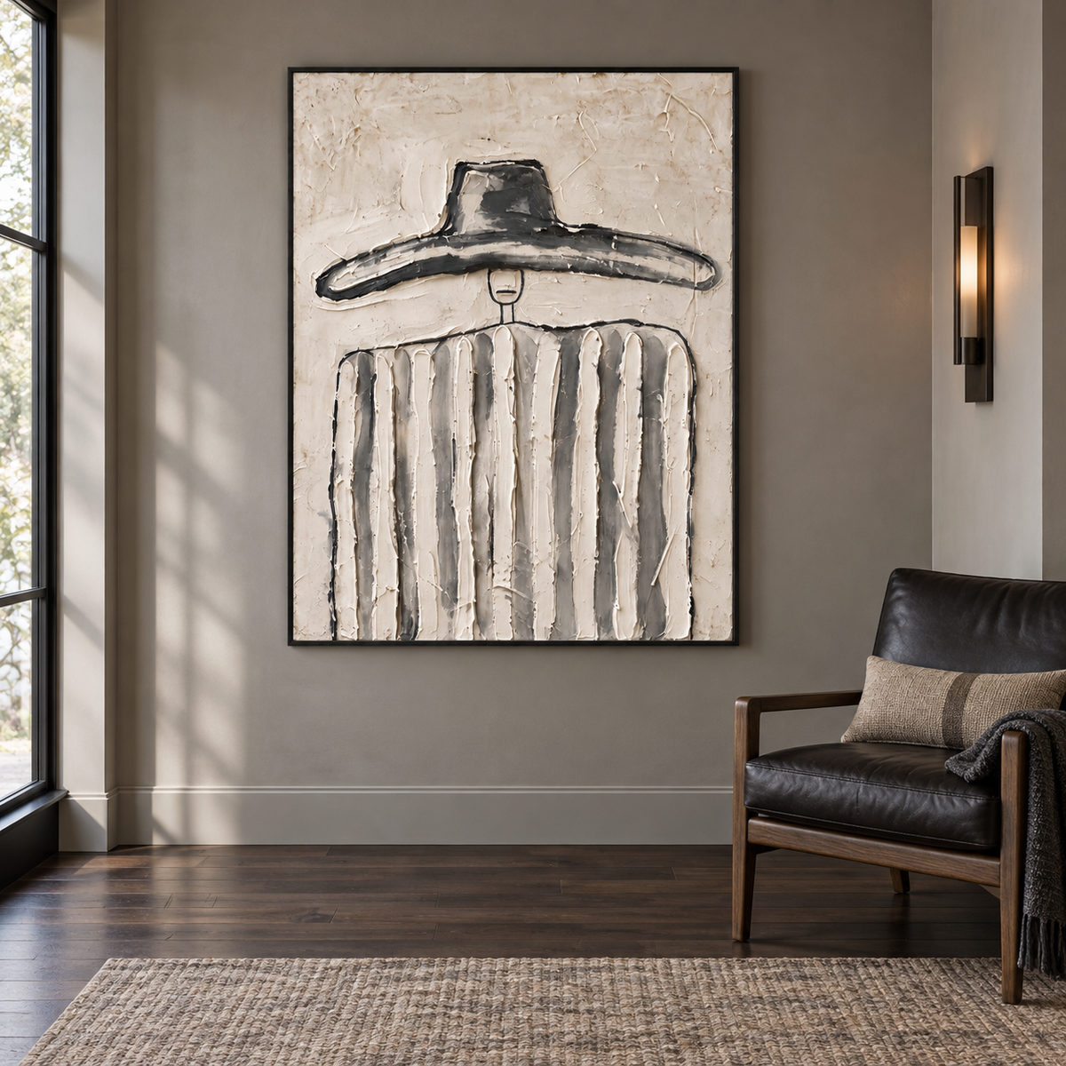 A small-faced figure under an oversized dark hat wearing broad gray and white vertical stripes, shown in a urban study.
