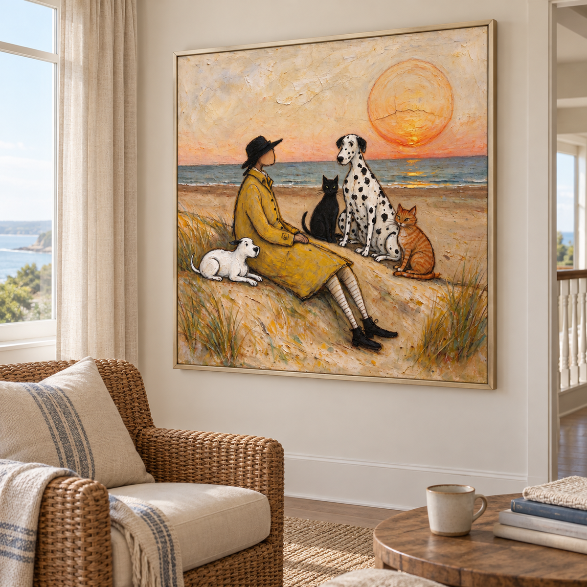 A man in a yellow coat sitting on a sandy beach with a small white dog, a Dalmatian, a black cat and an orange cat beneath a large orange setting sun, shown in room setting 4.