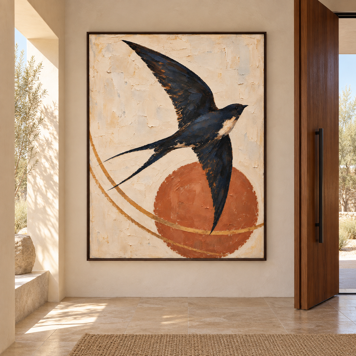 A dark swallow with outstretched wings over a terracotta sun and curved ochre lines, in a modern desert-style entryway.