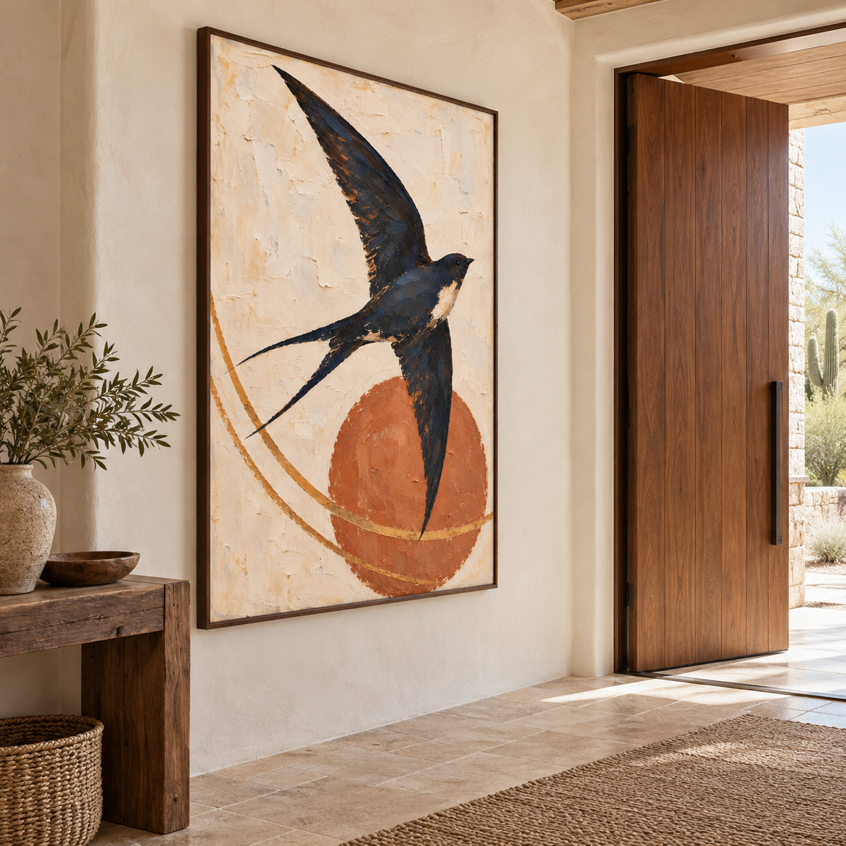 A dark swallow with outstretched wings over a terracotta sun and curved ochre lines, shown from an angle in an entryway.