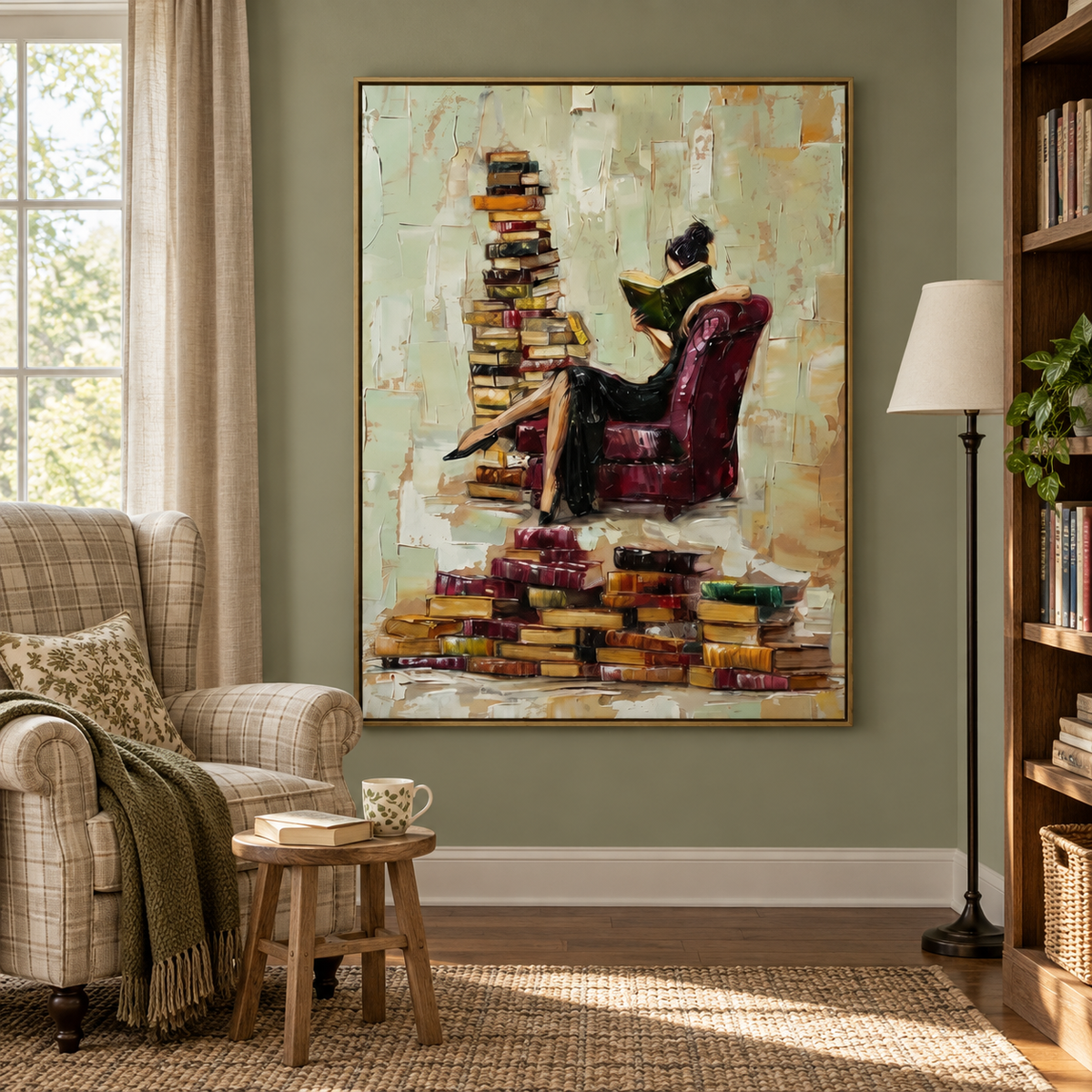 A woman in a black dress reading a green book in a burgundy armchair beside tall, uneven stacks of books on a pale background, shown in room setting 3.