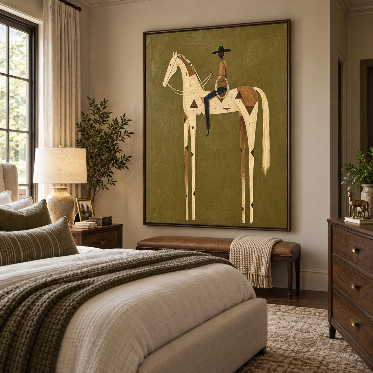 A cowboy holding a lasso on a tall cream and brown spotted horse against olive green, shown from an angle in a bedroom.