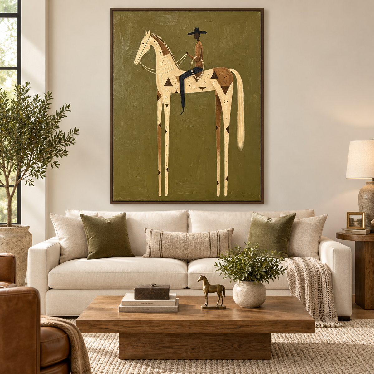 A cowboy holding a lasso on a tall cream and brown spotted horse against olive green, in a living room.