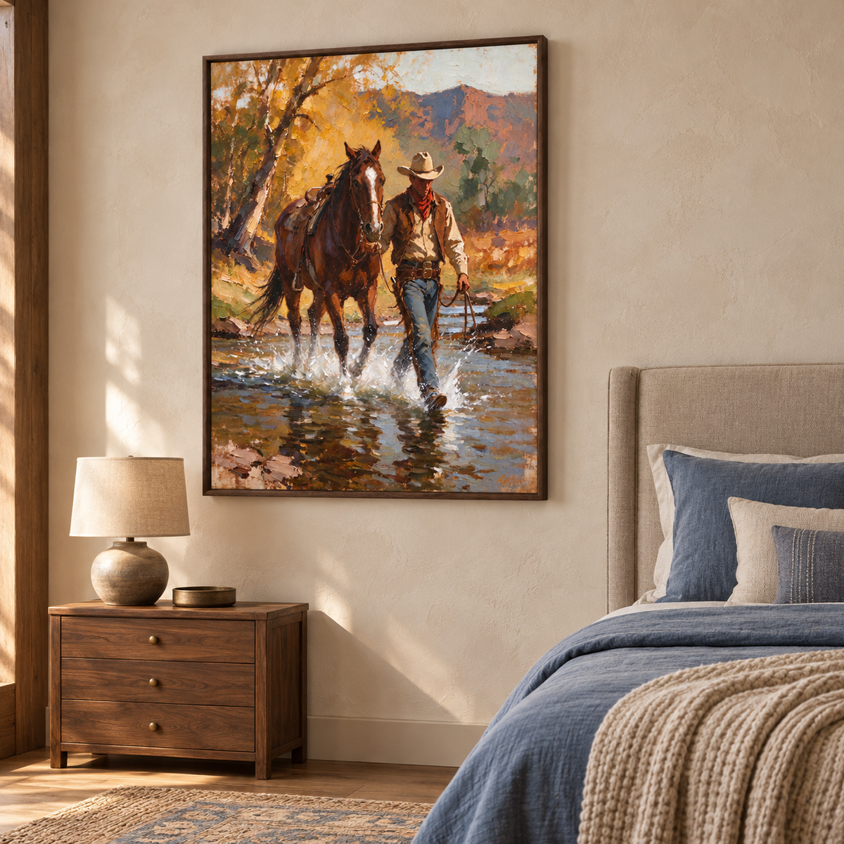 A cowboy leads a brown horse through a shallow stream, with autumn gold foliage, mountain colors, and reflected blue-gray water around them., shown from an angle beside a bedroom.