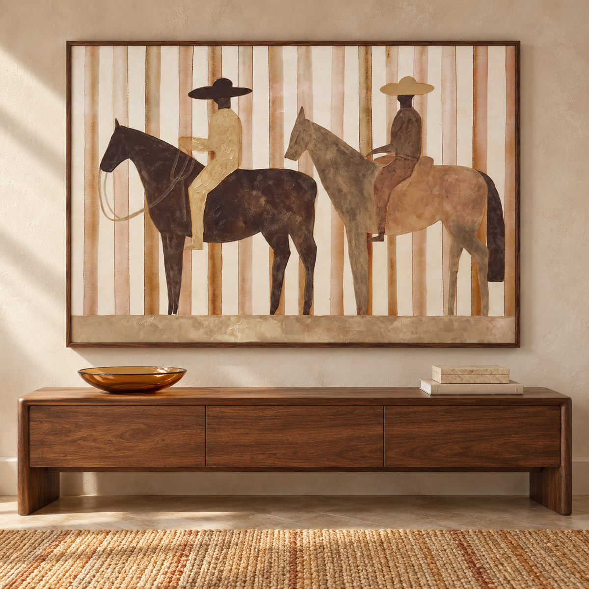 Two cowboys in wide hats ride separate brown horses in profile against narrow cream and rust vertical stripes, in an entryway.