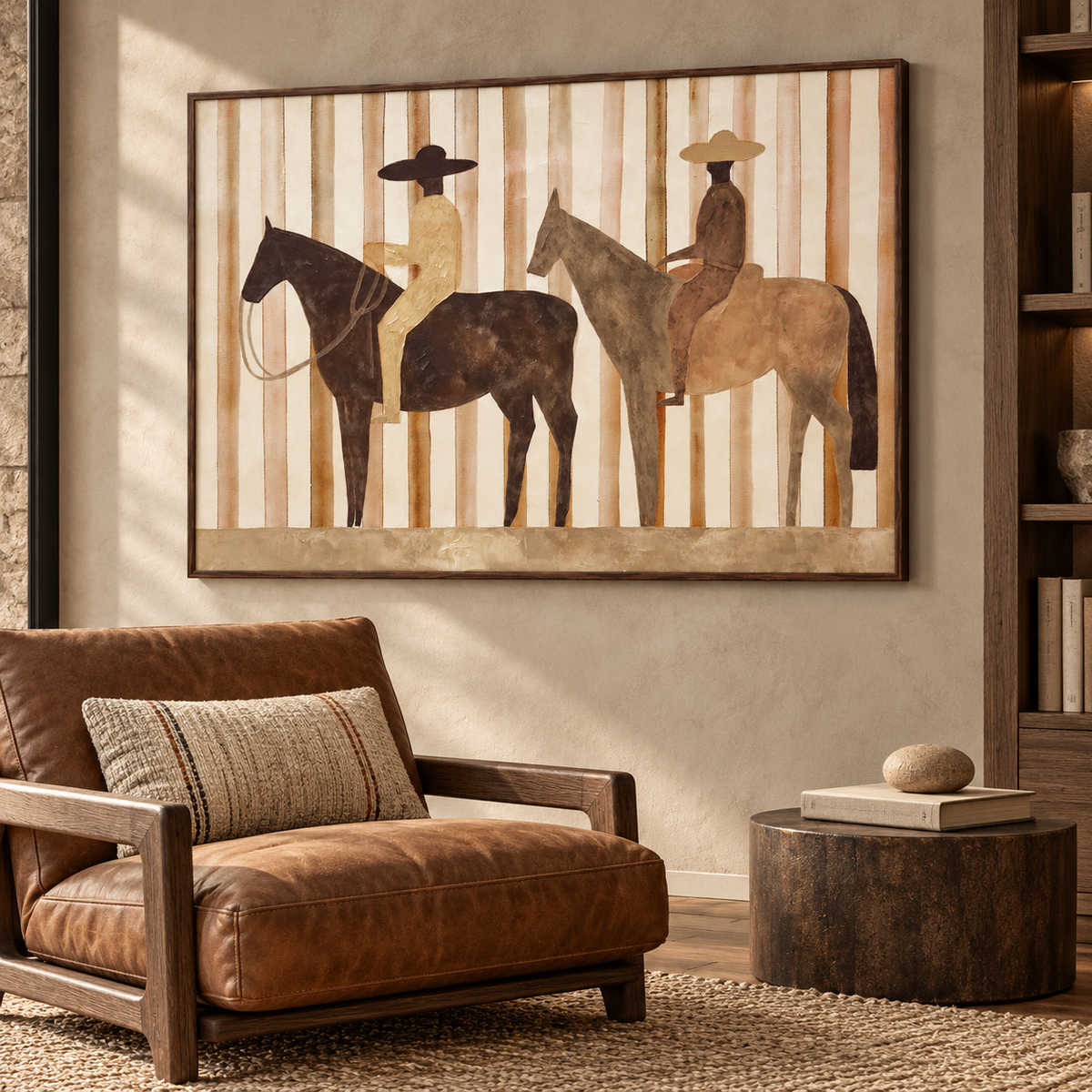 Two cowboys in wide hats ride separate brown horses in profile against narrow cream and rust vertical stripes, shown from an angle in a reading corner.