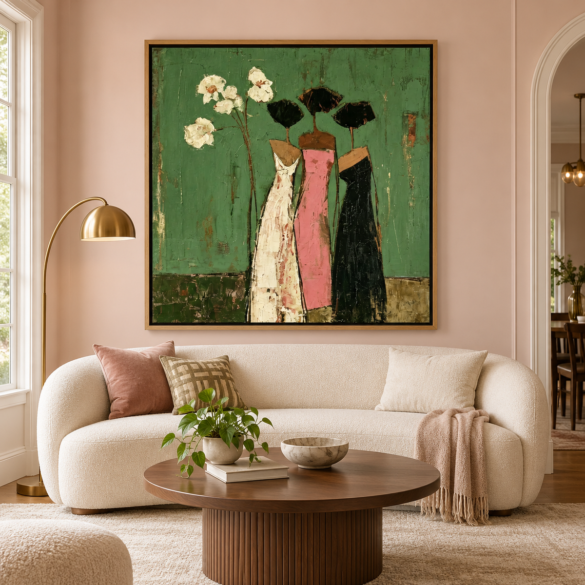 Three slender women in cream, pink and black dresses standing together beside white flowers on a green background, shown in room setting 1.
