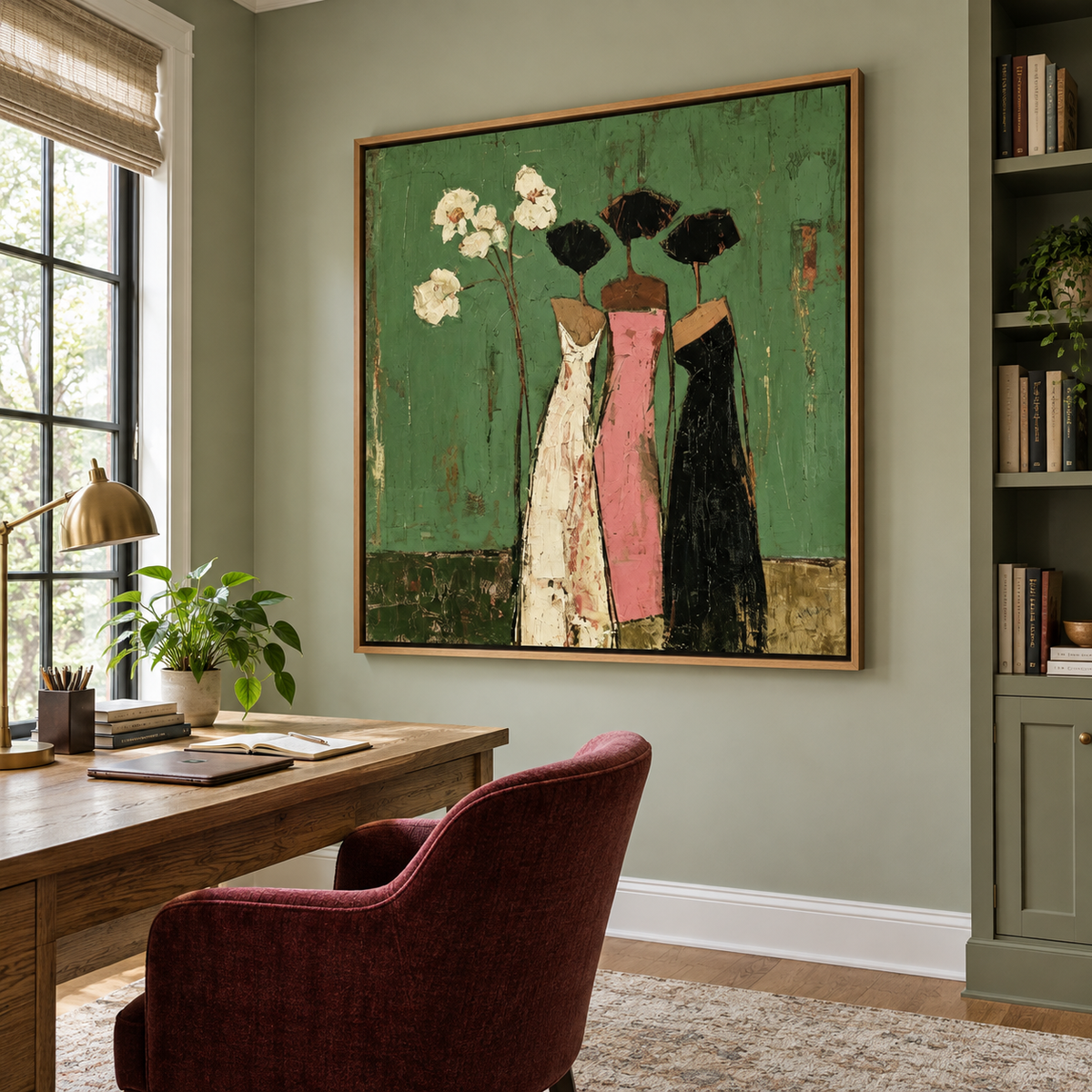 Three slender women in cream, pink and black dresses standing together beside white flowers on a green background, shown in room setting 5.