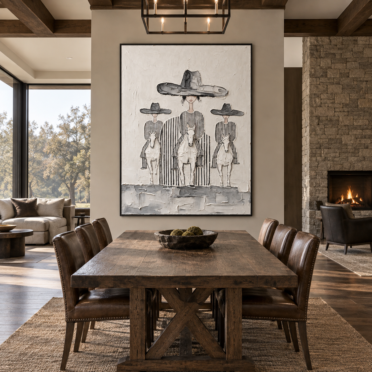 Three riders in dark broad hats and striped clothing on pale horses with a taller central rider, shown in a craftsman dining room.