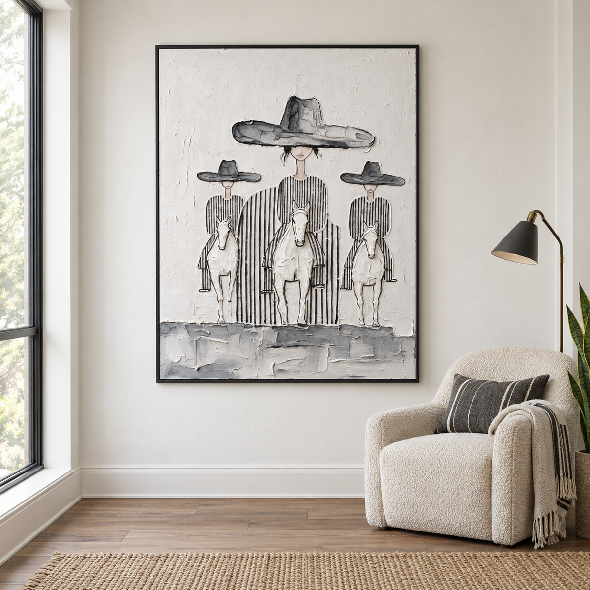 Three riders in dark broad hats and striped clothing on pale horses with a taller central rider, shown in a farmhouse study.