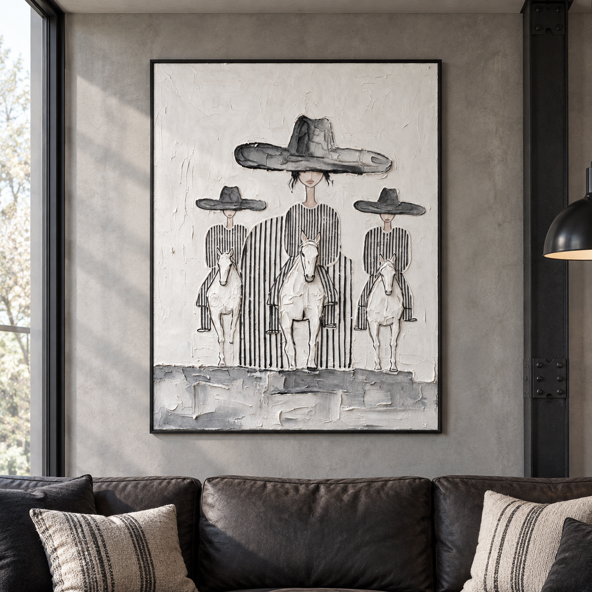Three riders in dark broad hats and striped clothing on pale horses with a taller central rider, shown in a industrial living room.