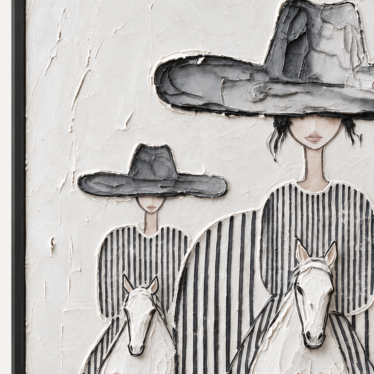 Three riders in dark broad hats and striped clothing on pale horses with a taller central rider, close-up of the painted details.