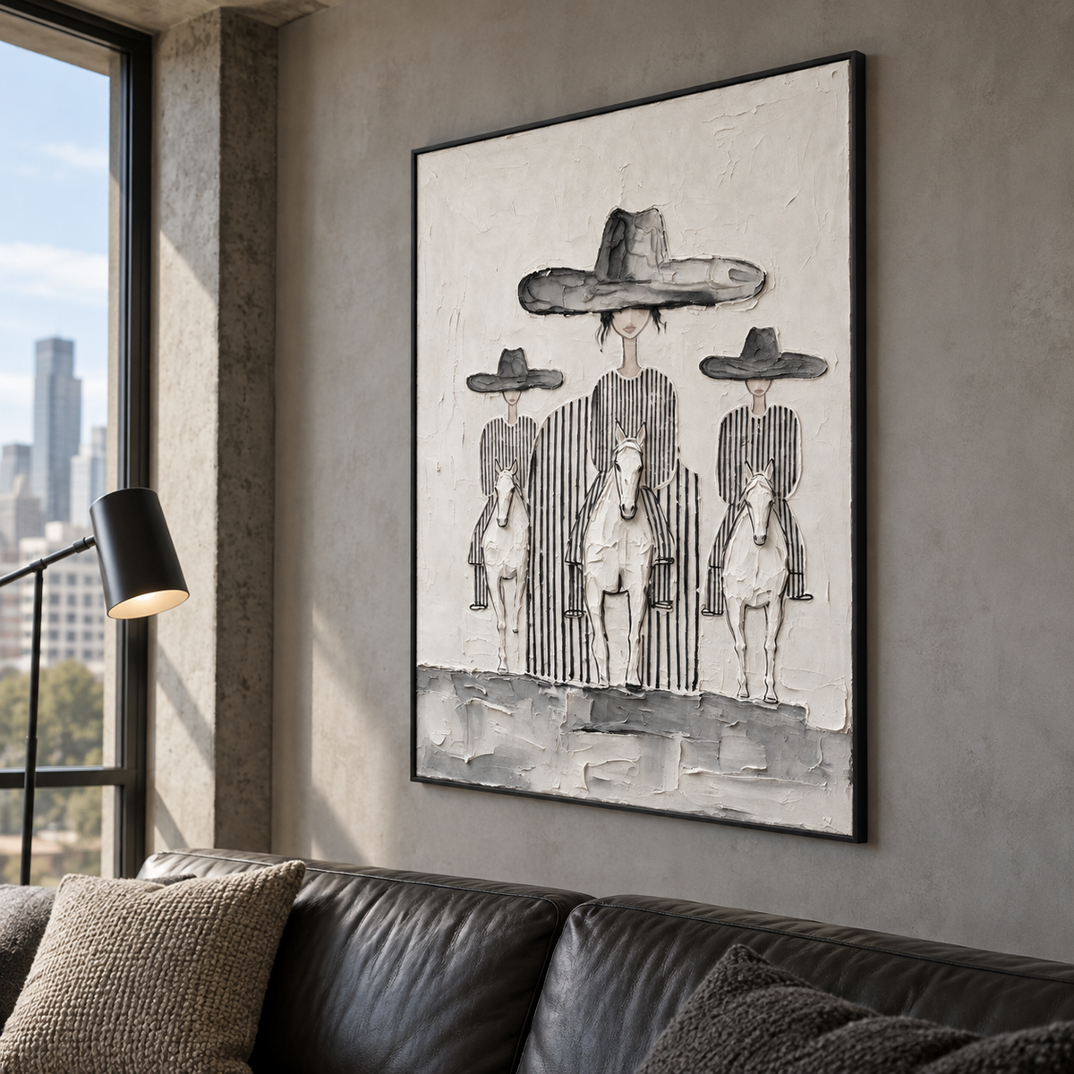 Three riders in dark broad hats and striped clothing on pale horses with a taller central rider, shown from an angle in the room.