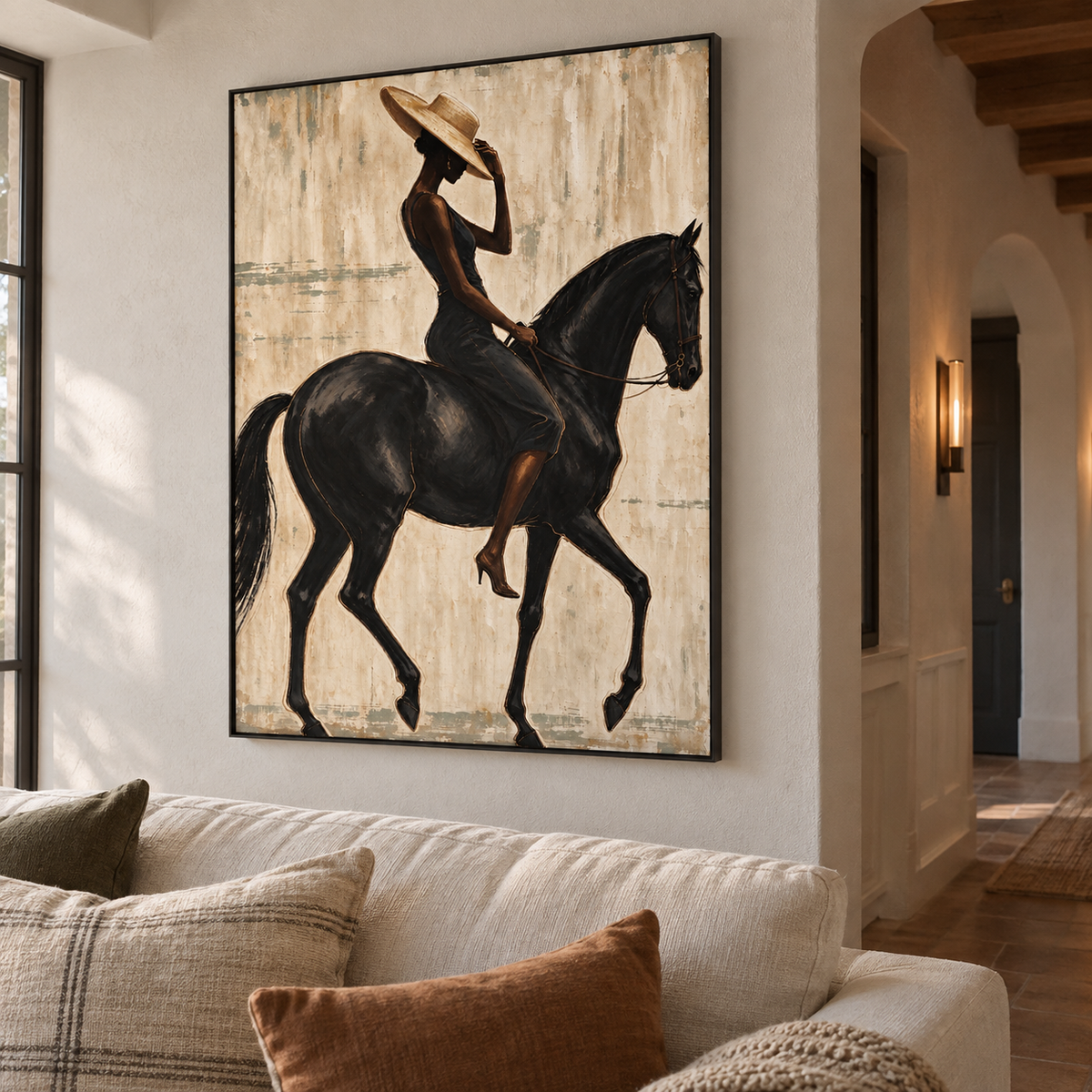A woman in a black dress touching the brim of her tan hat while riding a black horse shown in profile, shown from an angle in the room.