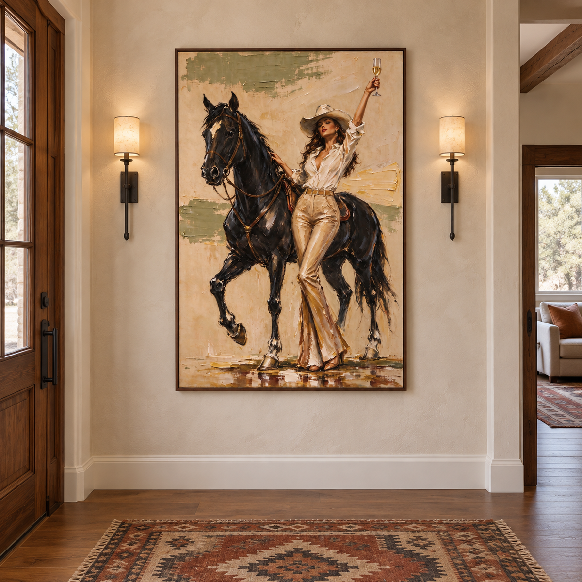 A cowgirl in a pale shirt and tan pants raising a glass beside a black horse against a warm beige background, shown in an interior setting.
