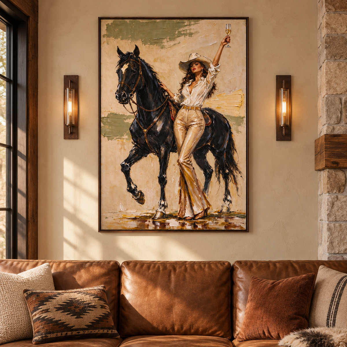 A cowgirl in a pale shirt and tan pants raising a glass beside a black horse against a warm beige background, shown in a living room.