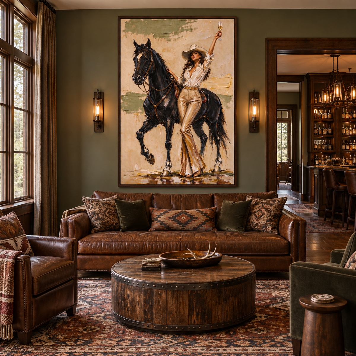 A cowgirl in a pale shirt and tan pants raising a glass beside a black horse against a warm beige background, shown in a room setting.