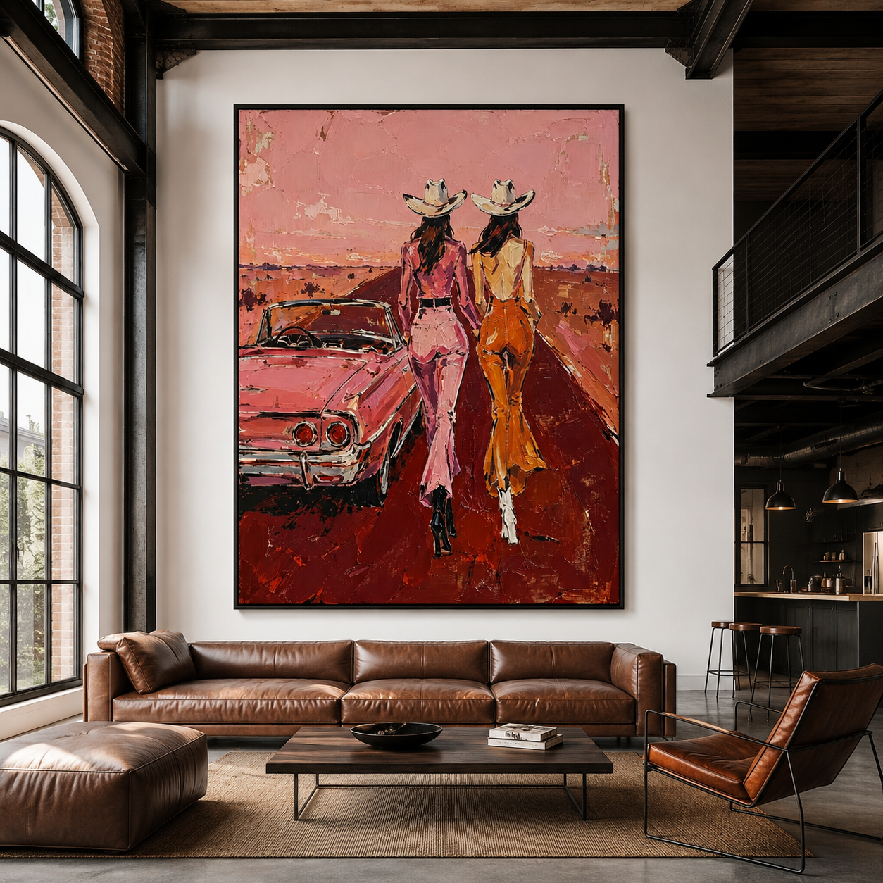 Hand-painted Western cowgirl road trip wall art in pink and rust tones