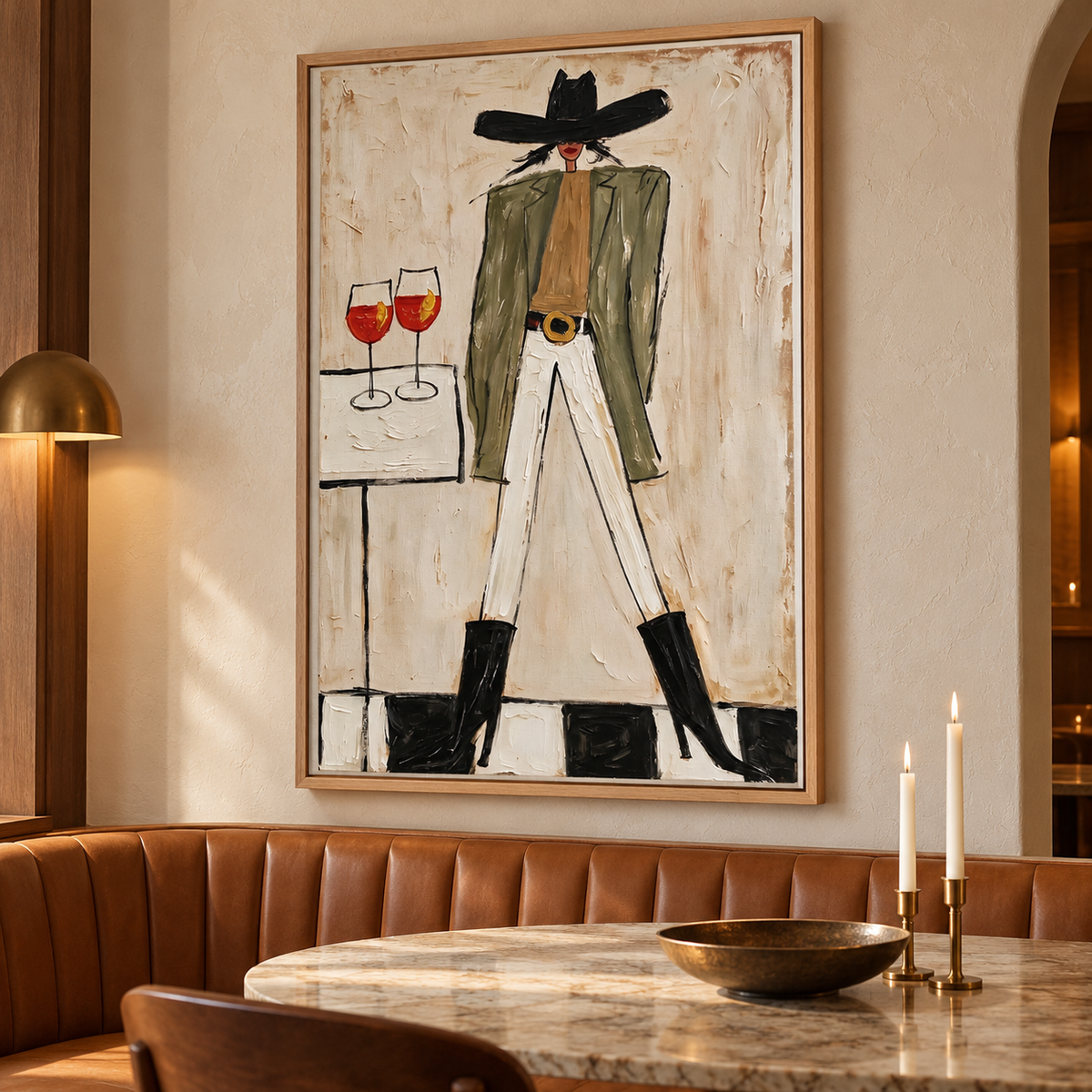 A woman in a wide black cowboy hat, olive-green jacket, white pants and black boots standing beside a small table with two orange-red drinks in stemmed glasses, shown in room setting 4.