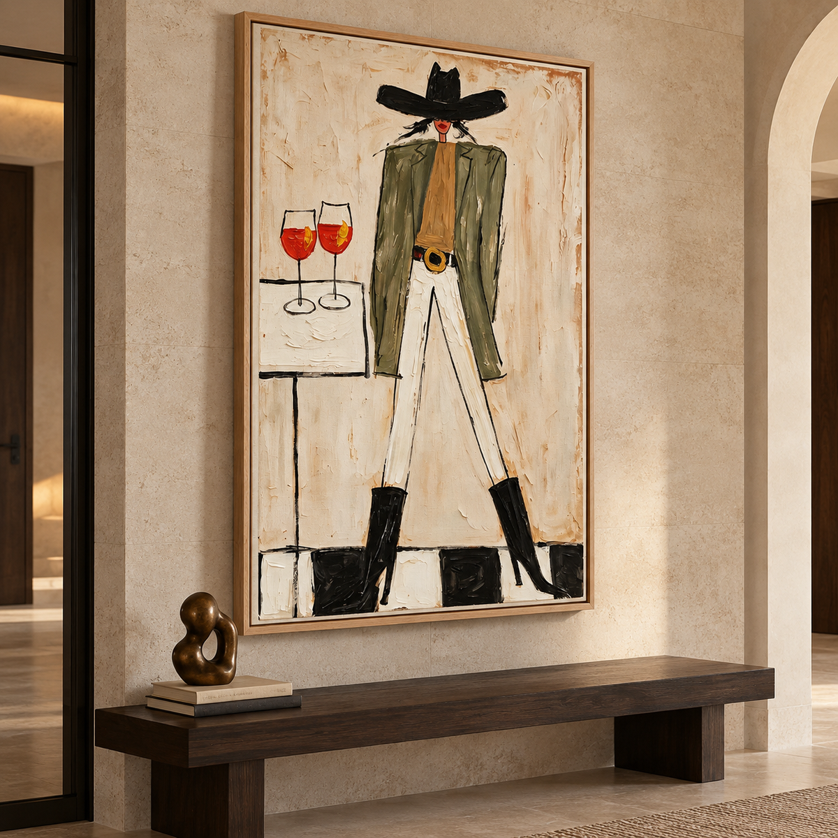 A woman in a wide black cowboy hat, olive-green jacket, white pants and black boots standing beside a small table with two orange-red drinks in stemmed glasses, shown in room setting 5.