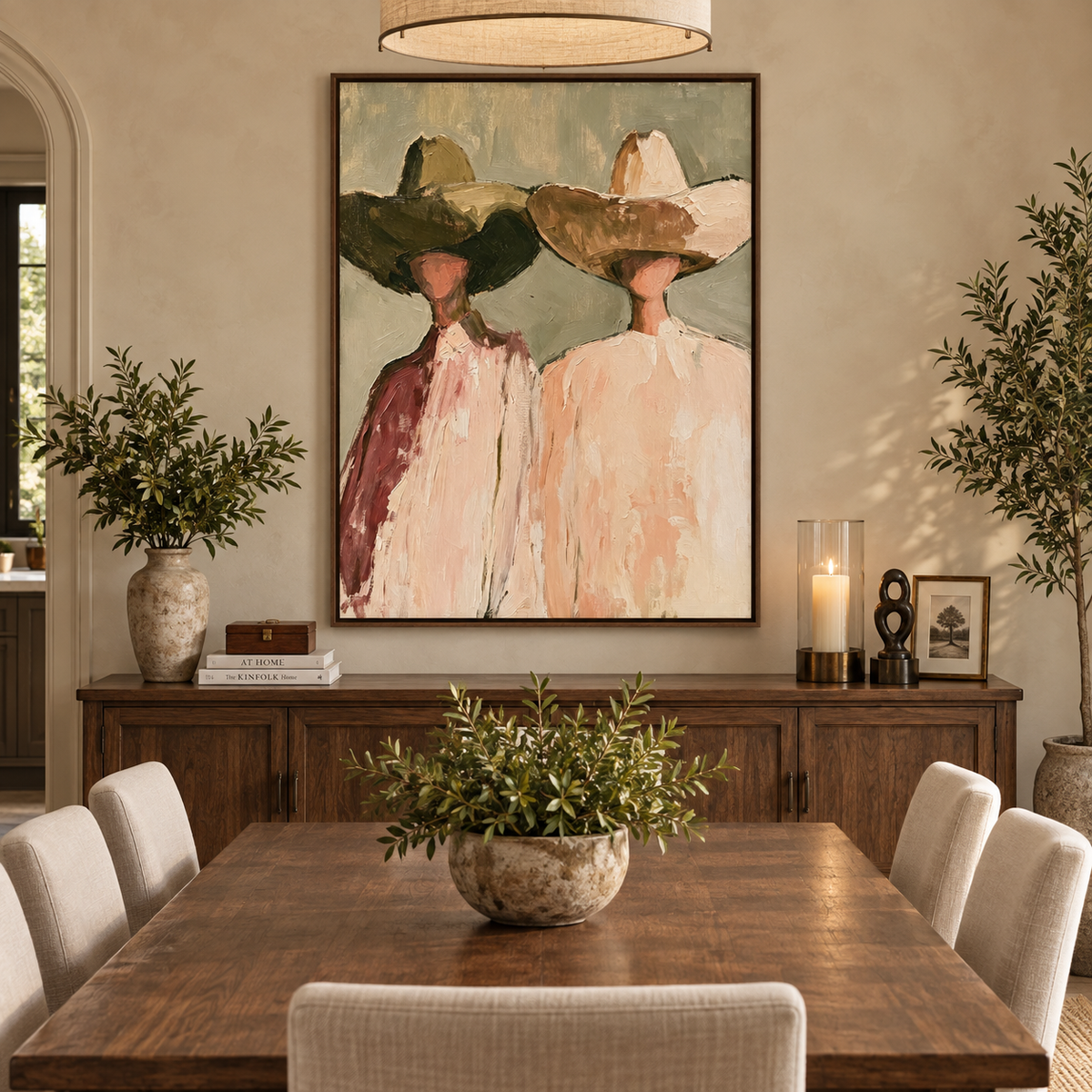 Two loosely painted cowboys in oversized hats and cream and burgundy clothing against sage gray, in a dining room.