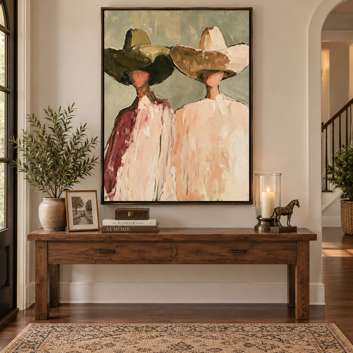 Two loosely painted cowboys in oversized hats and cream and burgundy clothing against sage gray, in an entryway.