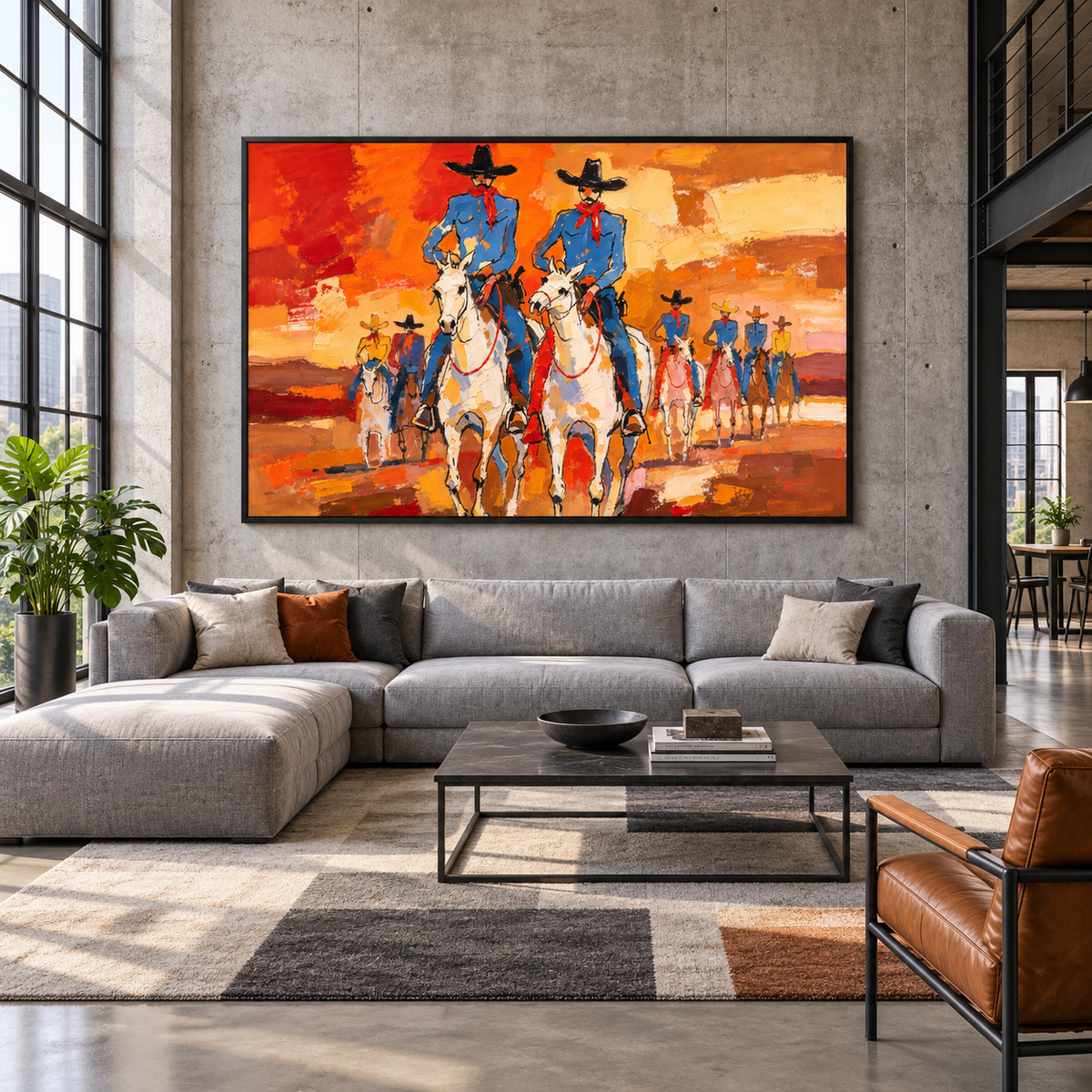 Two cowboys riding side by side beneath an orange sky, displayed above an industrial-style sofa
