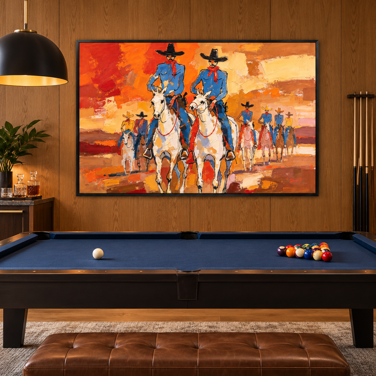 Western wall art showing two mounted riders in blue shirts, shown in a game room