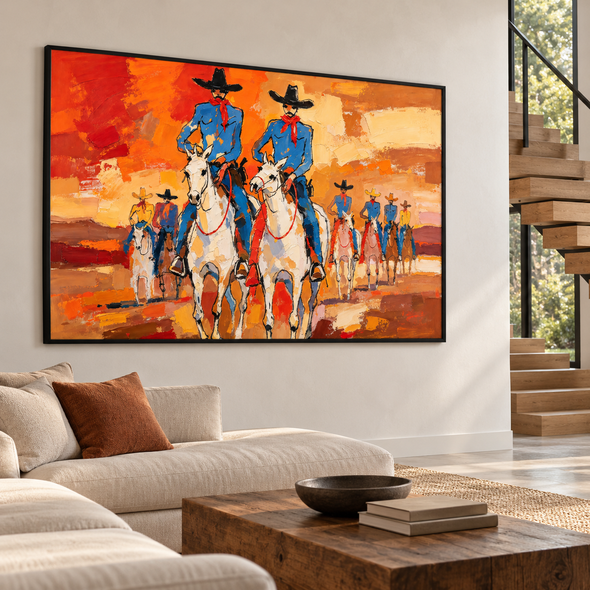 Pair of mounted cowboys against a vivid sky, shown on a stair landing