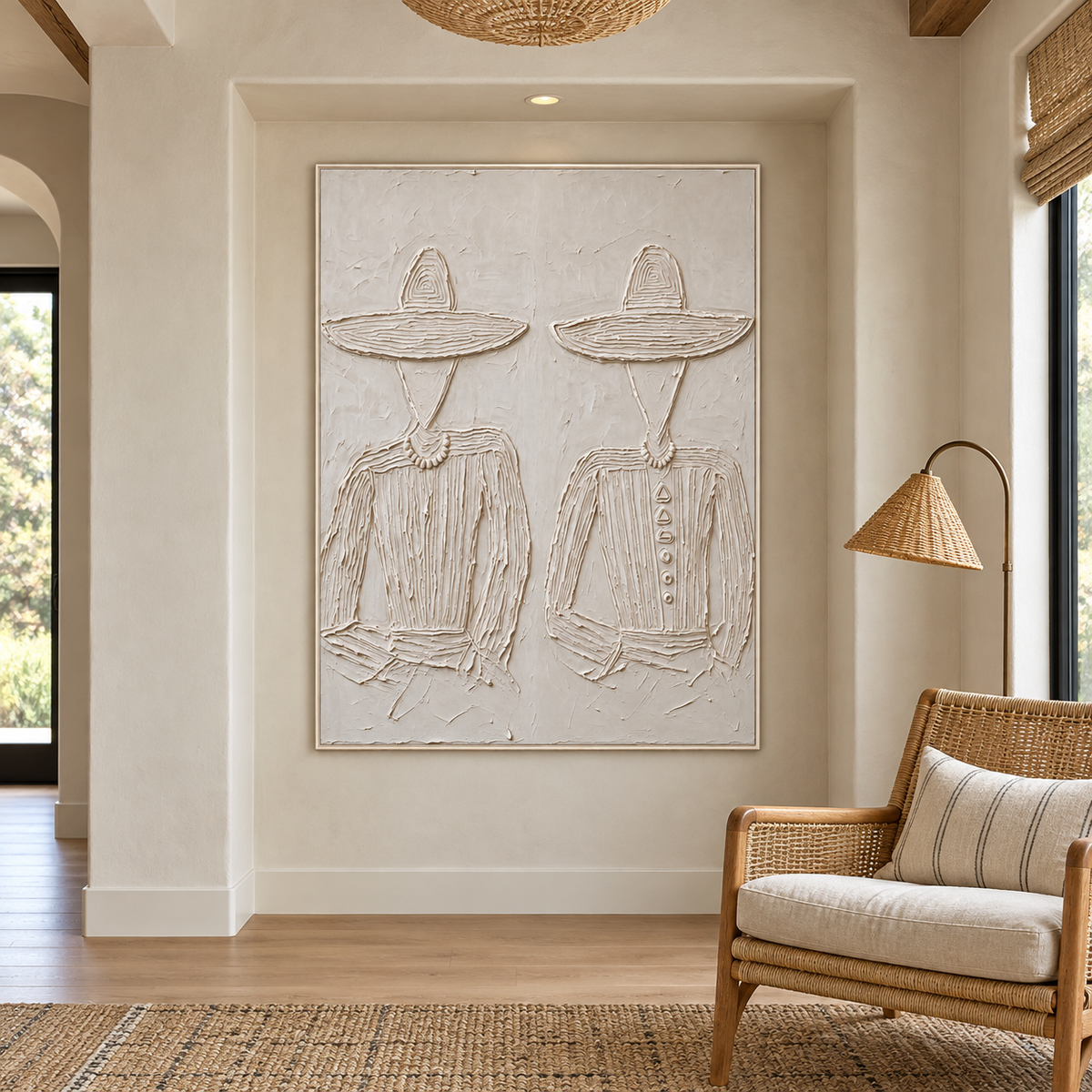 Two faceless figures wearing broad white hats and patterned white shirts against a white background, shown in a california study.