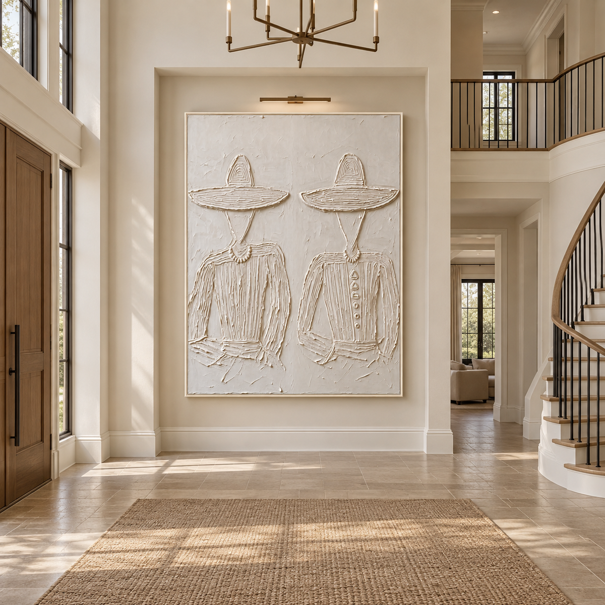 Two faceless figures wearing broad white hats and patterned white shirts against a white background, shown in a minimal entryway.