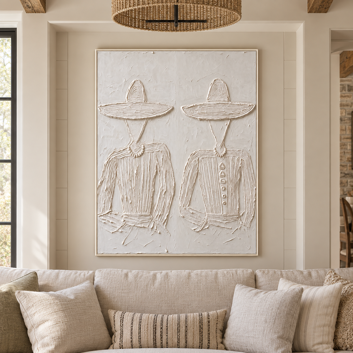 Two faceless figures wearing broad white hats and patterned white shirts against a white background, shown in a modern farmhouse living room.