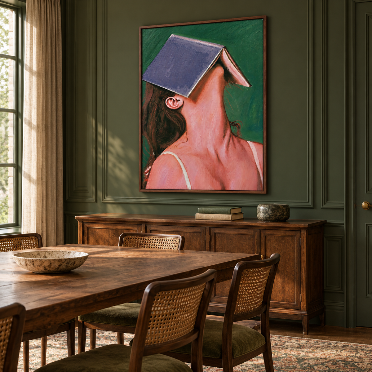 A close portrait of a woman leaning back with a large violet-blue book covering her forehead and eyes against a deep green background, shown from an angle in a dining room.