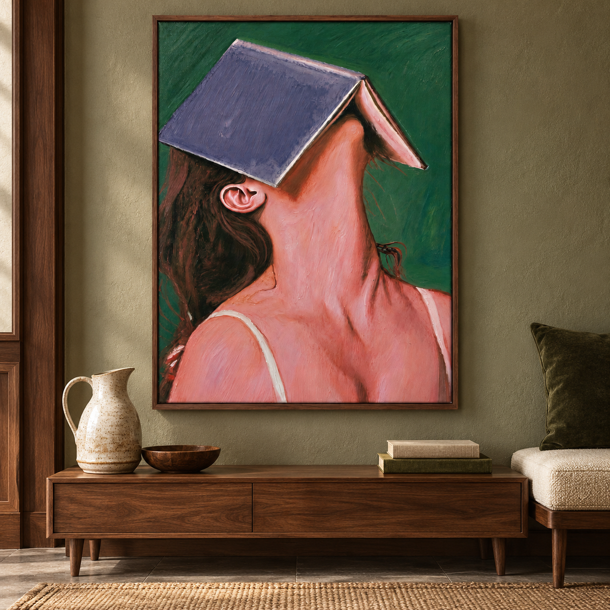 A close portrait of a woman leaning back with a large violet-blue book covering her forehead and eyes against a deep green background, in an entryway.