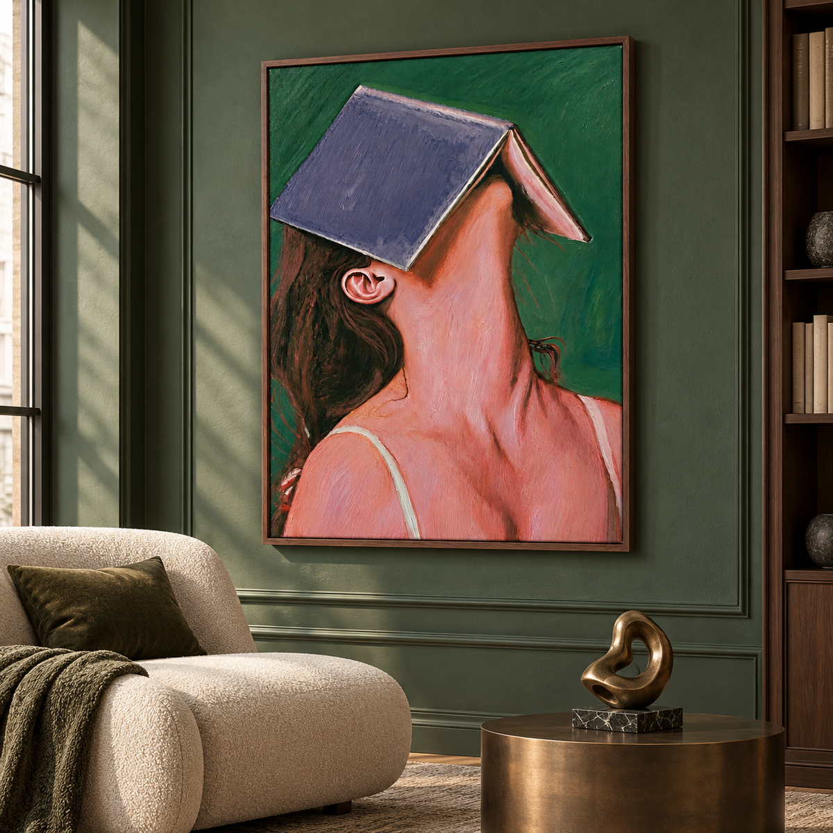A close portrait of a woman leaning back with a large violet-blue book covering her forehead and eyes against a deep green background, shown from an angle in a reading corner.