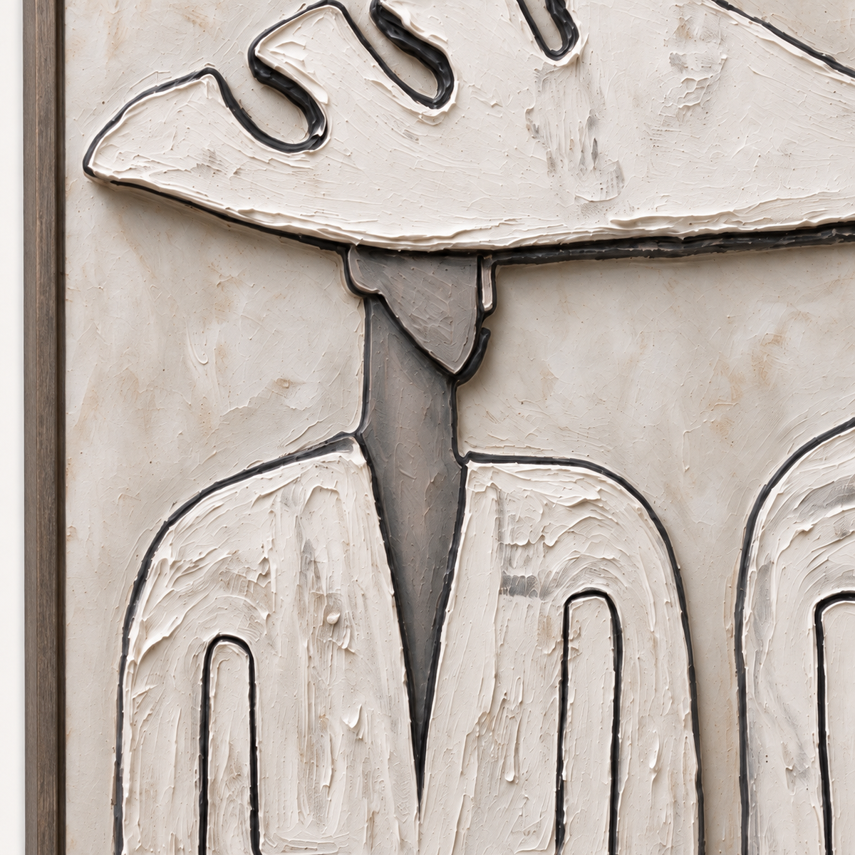 Two abstract figures beneath a single wide pale hat with dark geometric outlines on a warm neutral background, close-up of the painted details.