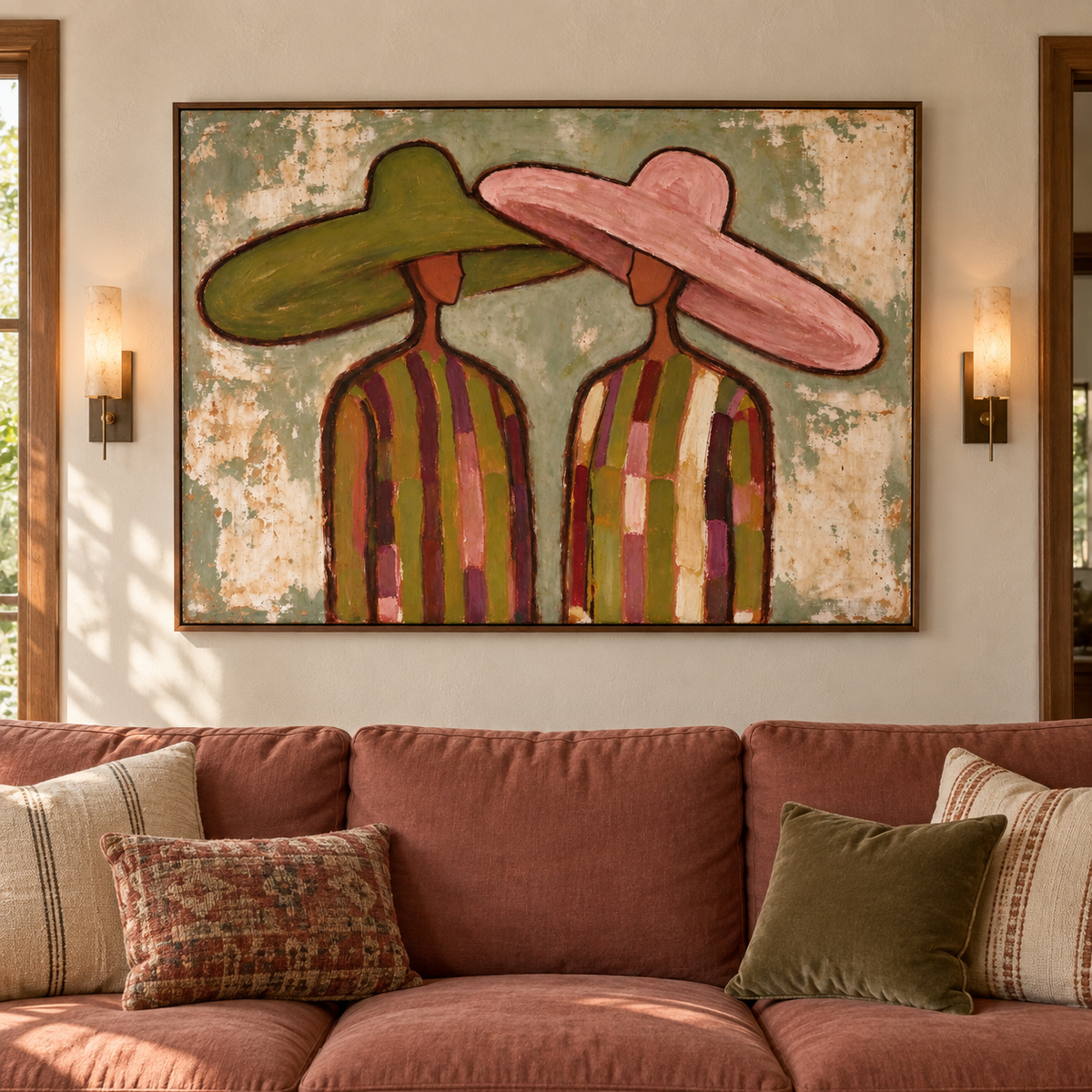 Two figures wearing broad green and pink hats that tilt toward each other above boldly striped clothing, shown in a california living room.