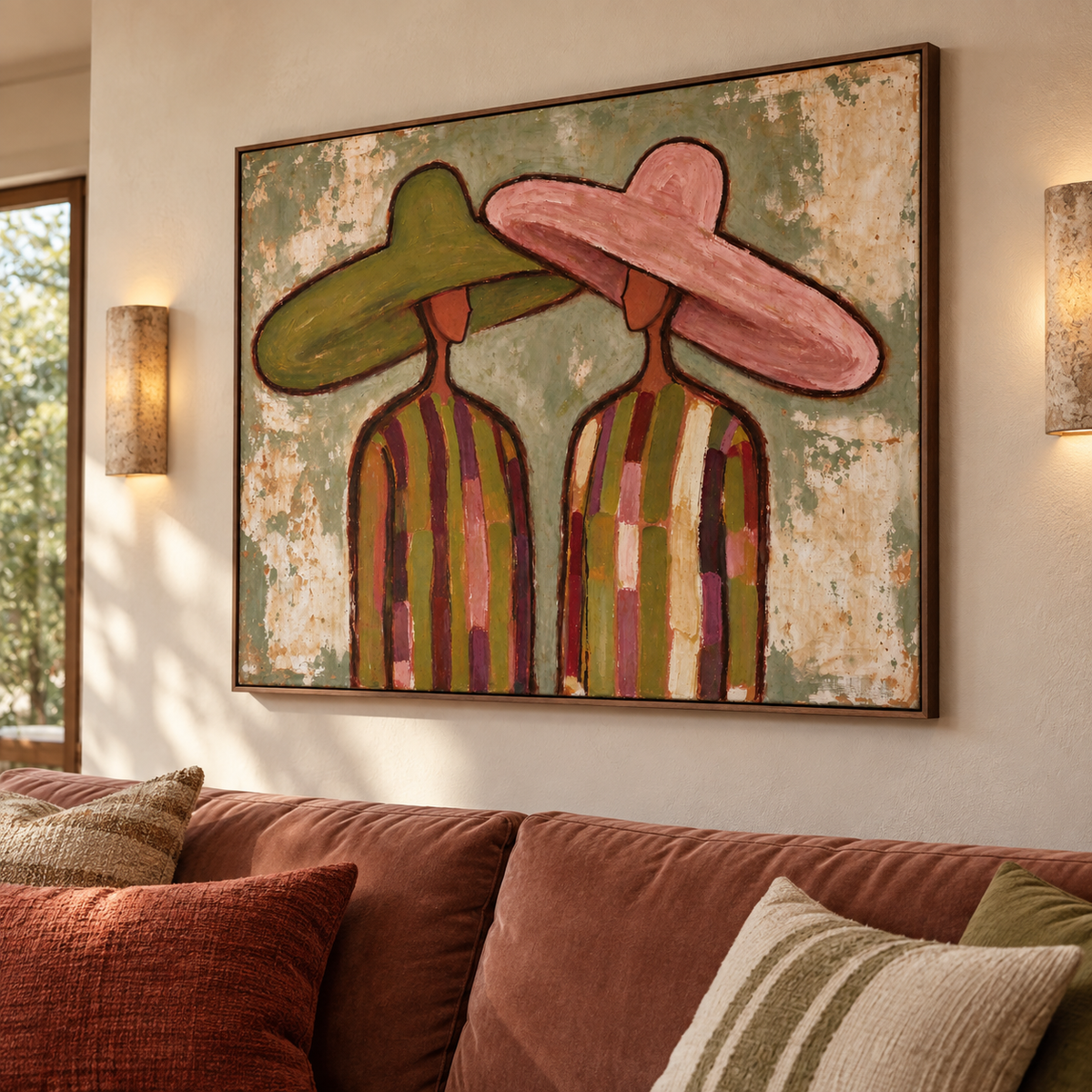 Two figures wearing broad green and pink hats that tilt toward each other above boldly striped clothing, shown from an angle in the room.