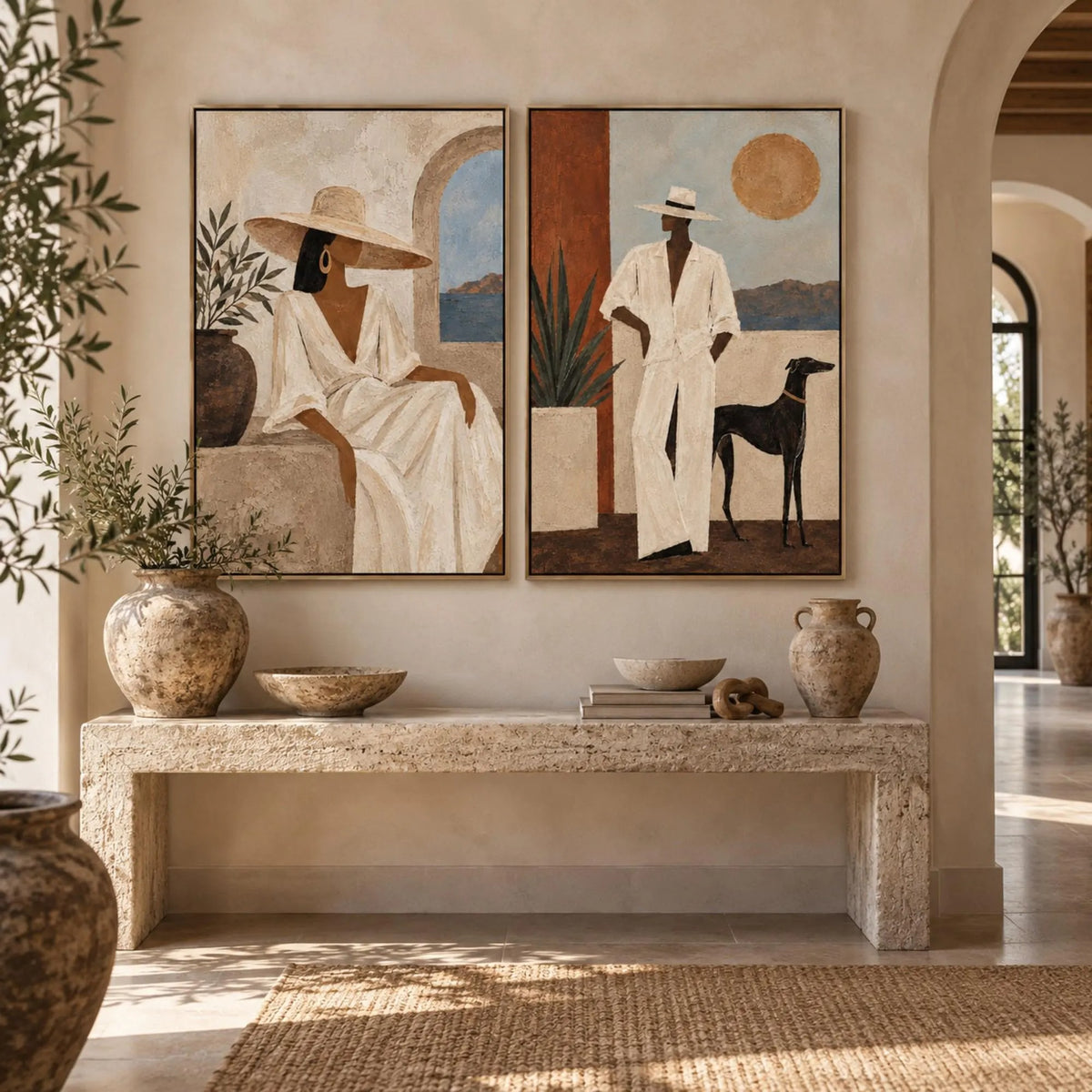 A two-panel set showing a seated woman in a cream dress and a man in a white suit beside a black dog with warm architectural shapes, shown in room setting 1.