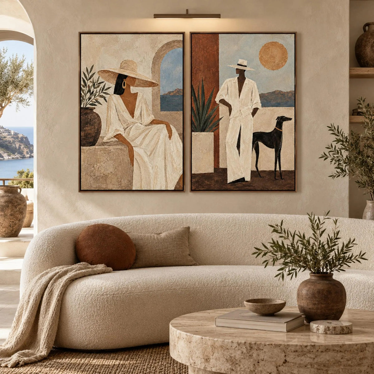 A two-panel set showing a seated woman in a cream dress and a man in a white suit beside a black dog with warm architectural shapes, shown in room setting 4.