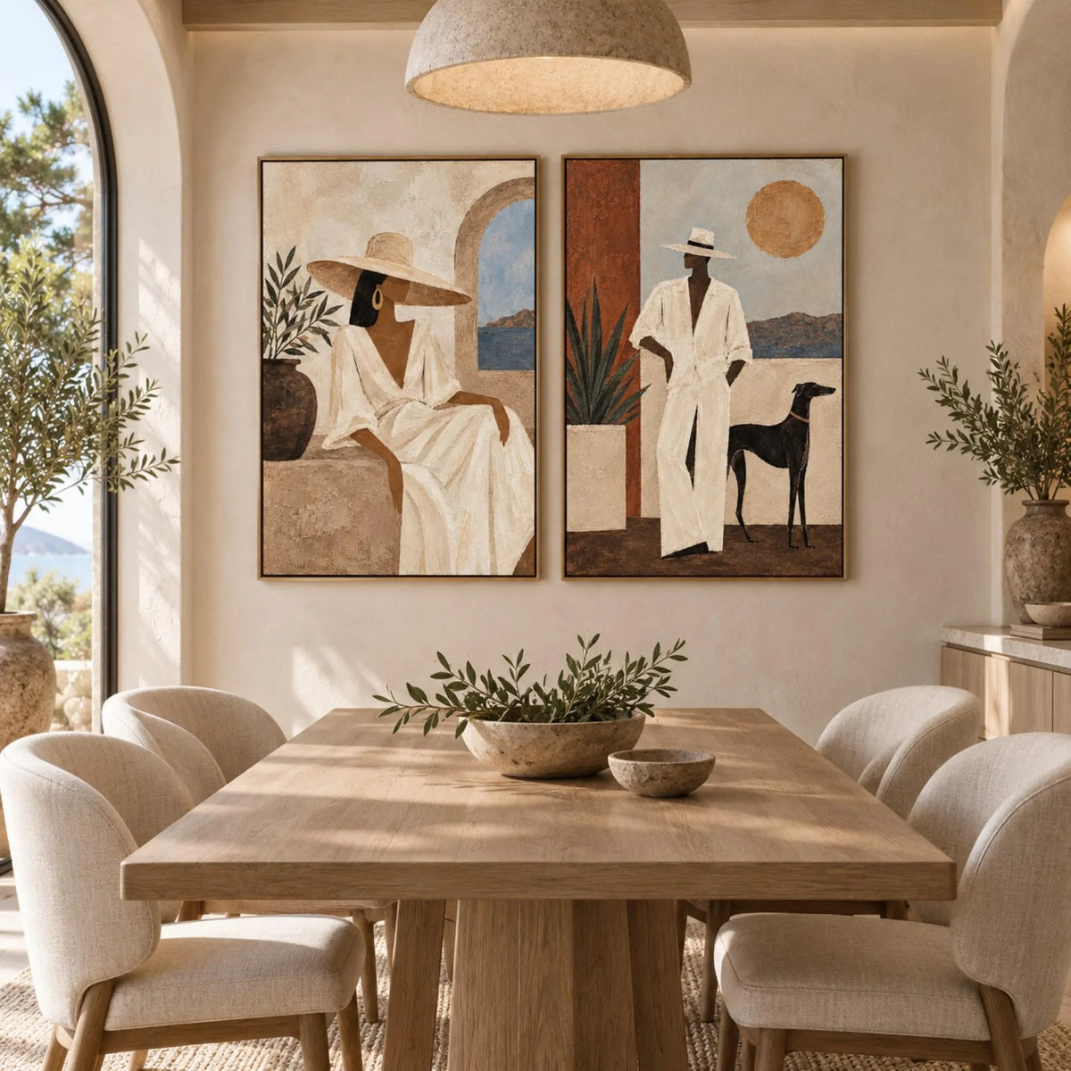 A two-panel set showing a seated woman in a cream dress and a man in a white suit beside a black dog with warm architectural shapes, shown in room setting 5.