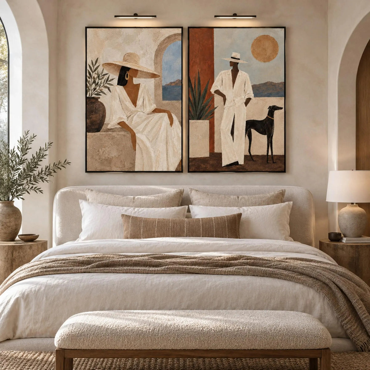A two-panel set showing a seated woman in a cream dress and a man in a white suit beside a black dog with warm architectural shapes, shown in room setting 6.