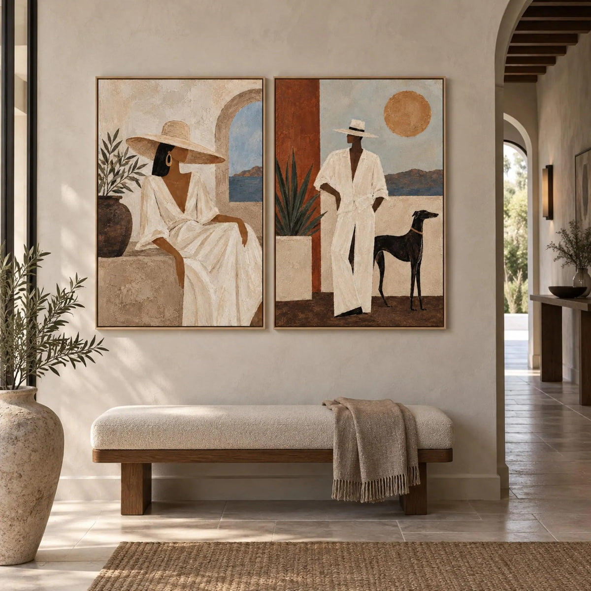 A two-panel set showing a seated woman in a cream dress and a man in a white suit beside a black dog with warm architectural shapes, shown in room setting 7.