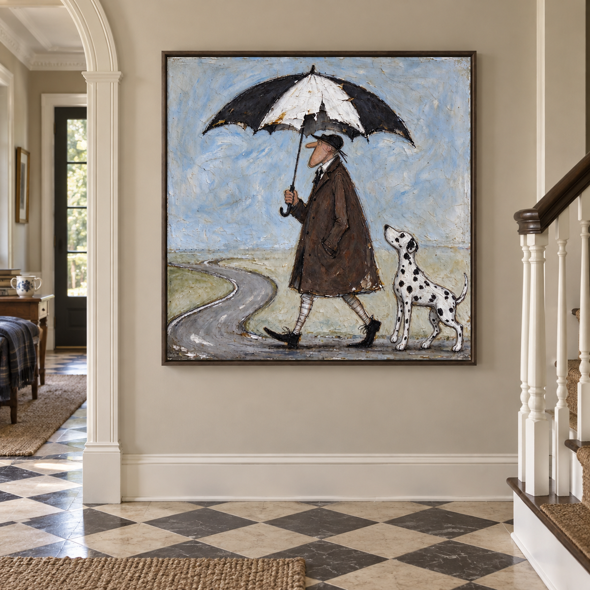 A man in a brown coat walking beneath a large black-and-white umbrella with a Dalmatian looking up at him beside a winding gray road under a pale blue sky, shown in room setting 1.