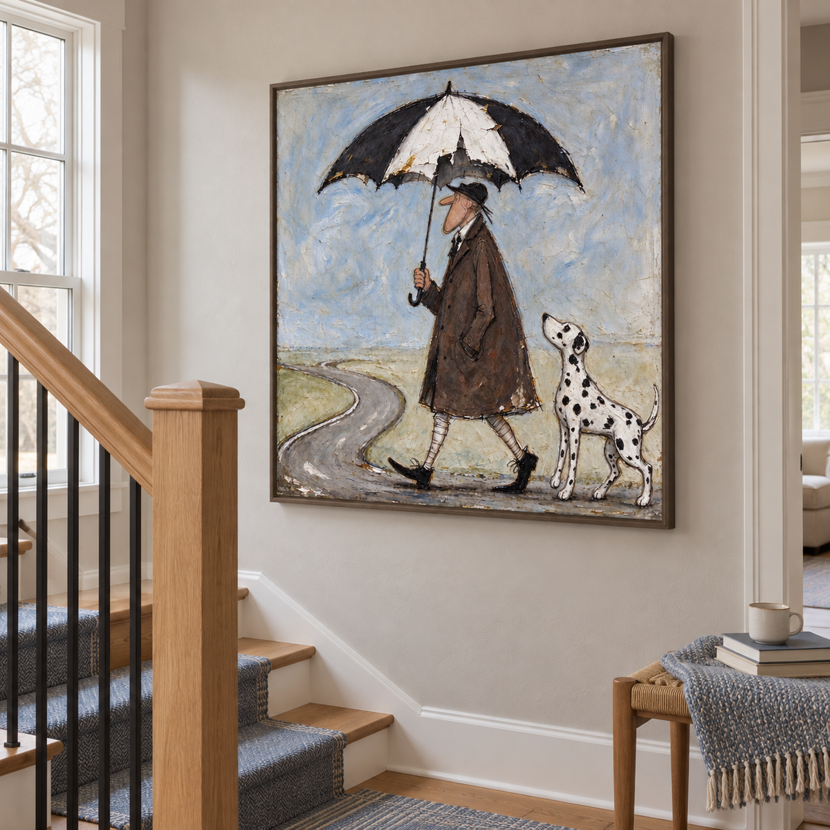 A man in a brown coat walking beneath a large black-and-white umbrella with a Dalmatian looking up at him beside a winding gray road under a pale blue sky, shown in room setting 4.