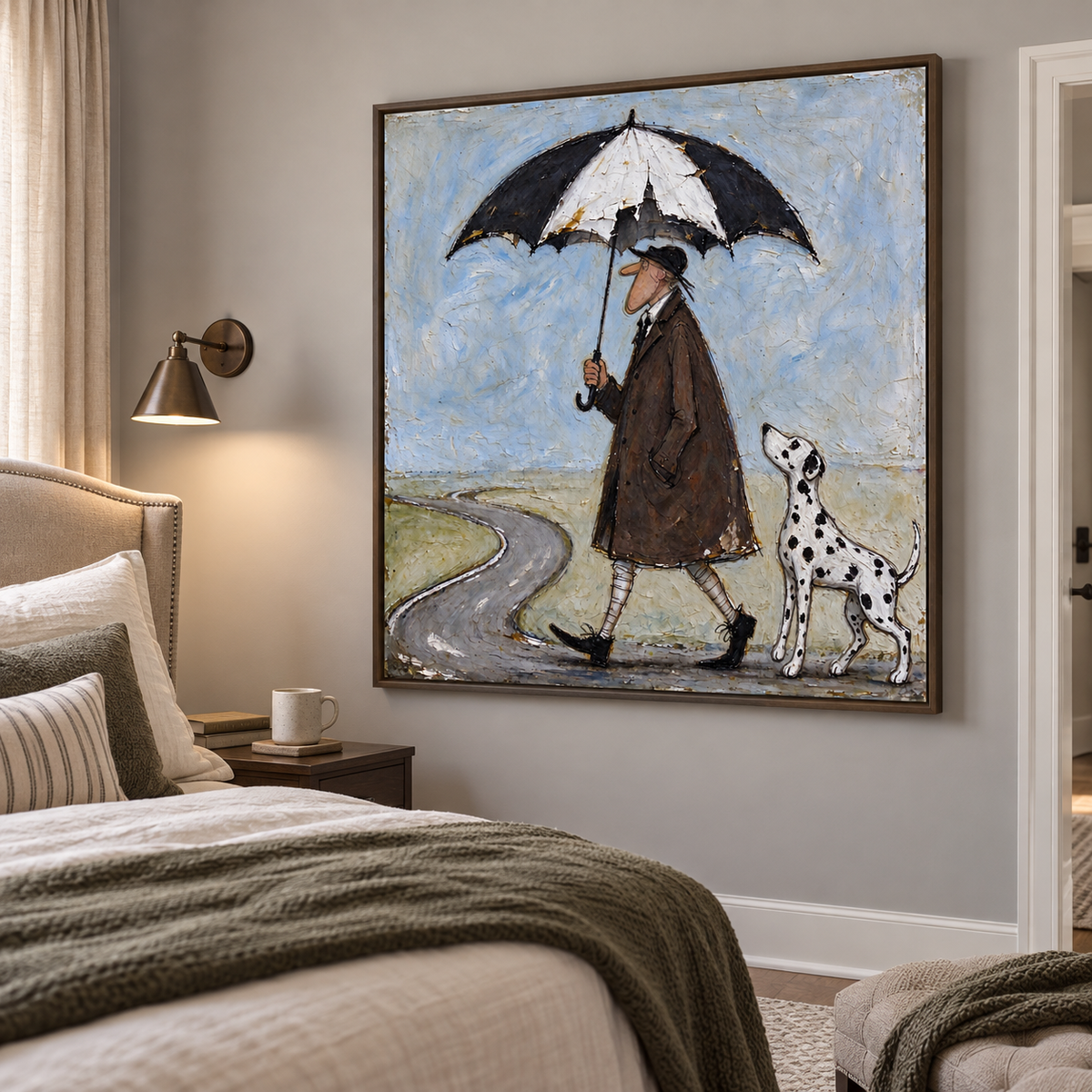 A man in a brown coat walking beneath a large black-and-white umbrella with a Dalmatian looking up at him beside a winding gray road under a pale blue sky, shown in room setting 5.