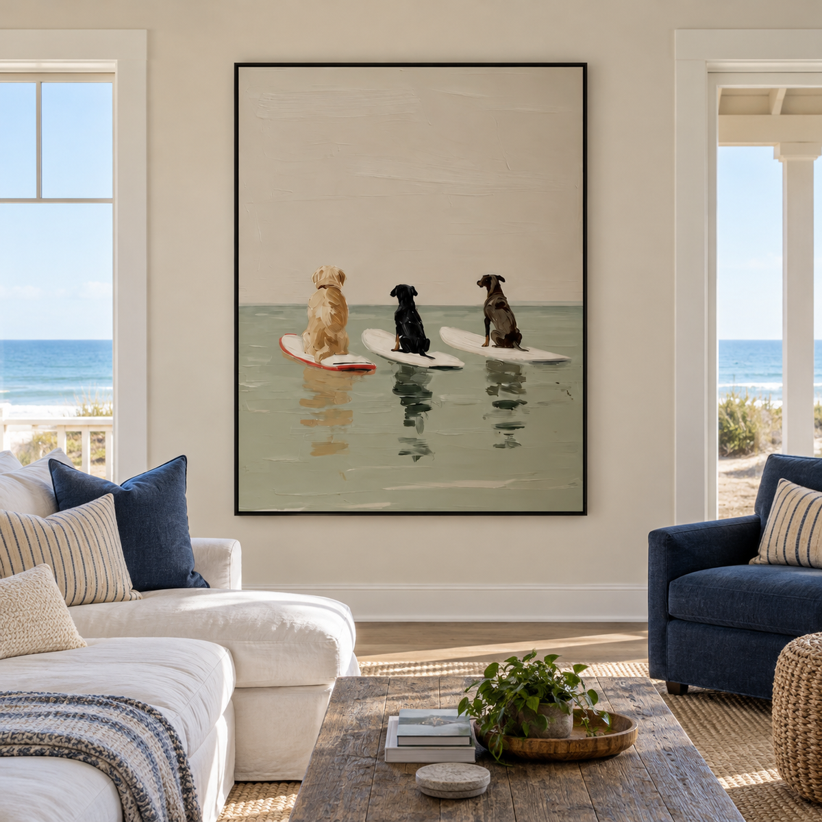 Three dogs viewed from behind sitting on separate surfboards in pale green water beneath a large beige sky, shown in room setting 1.