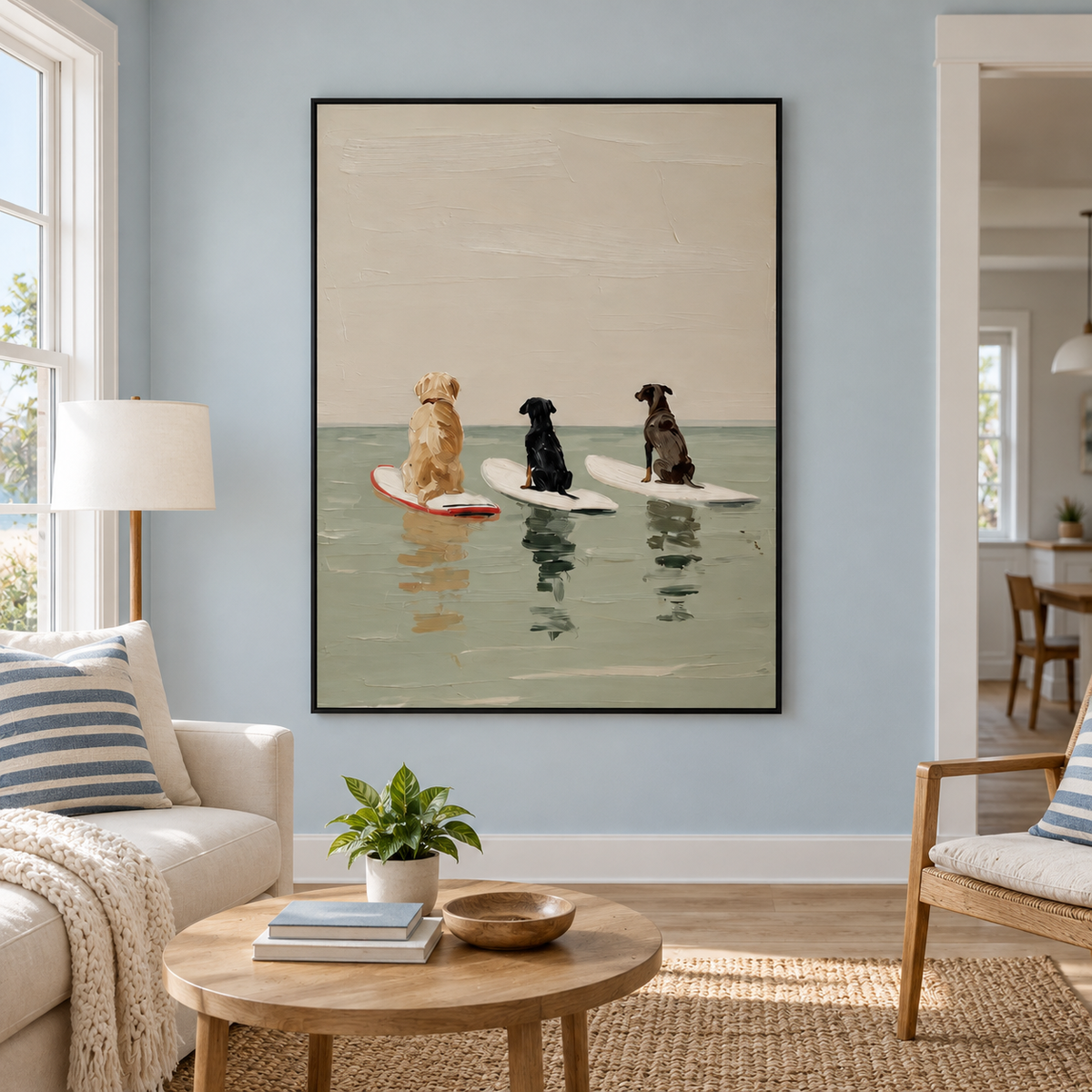 Three dogs viewed from behind sitting on separate surfboards in pale green water beneath a large beige sky, shown in room setting 2.