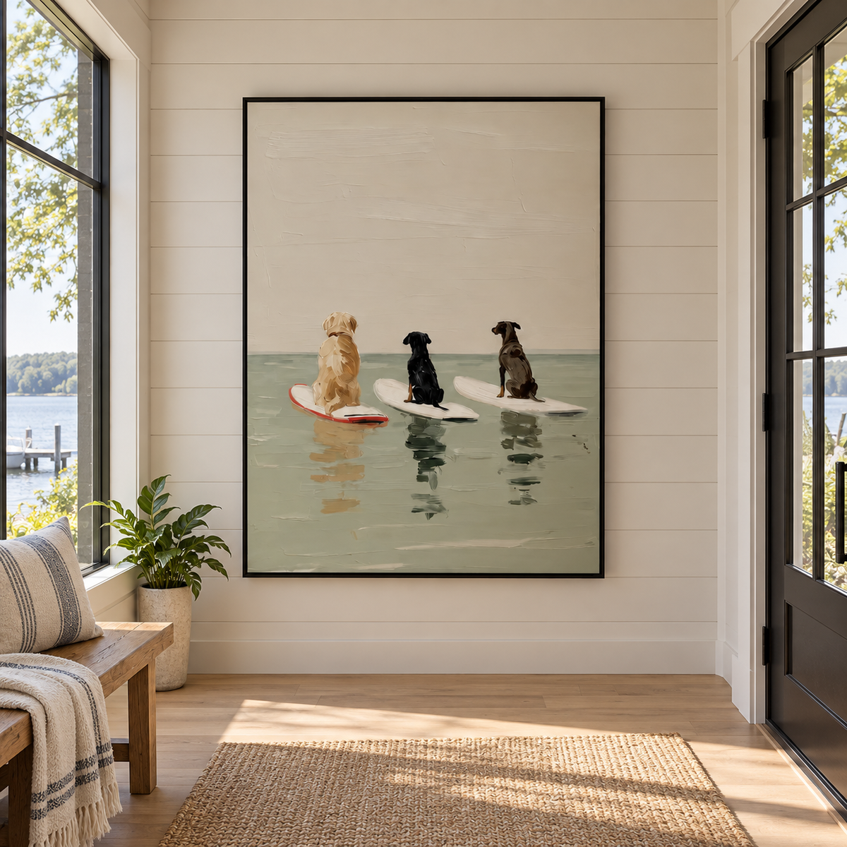 Three dogs viewed from behind sitting on separate surfboards in pale green water beneath a large beige sky, shown in room setting 3.