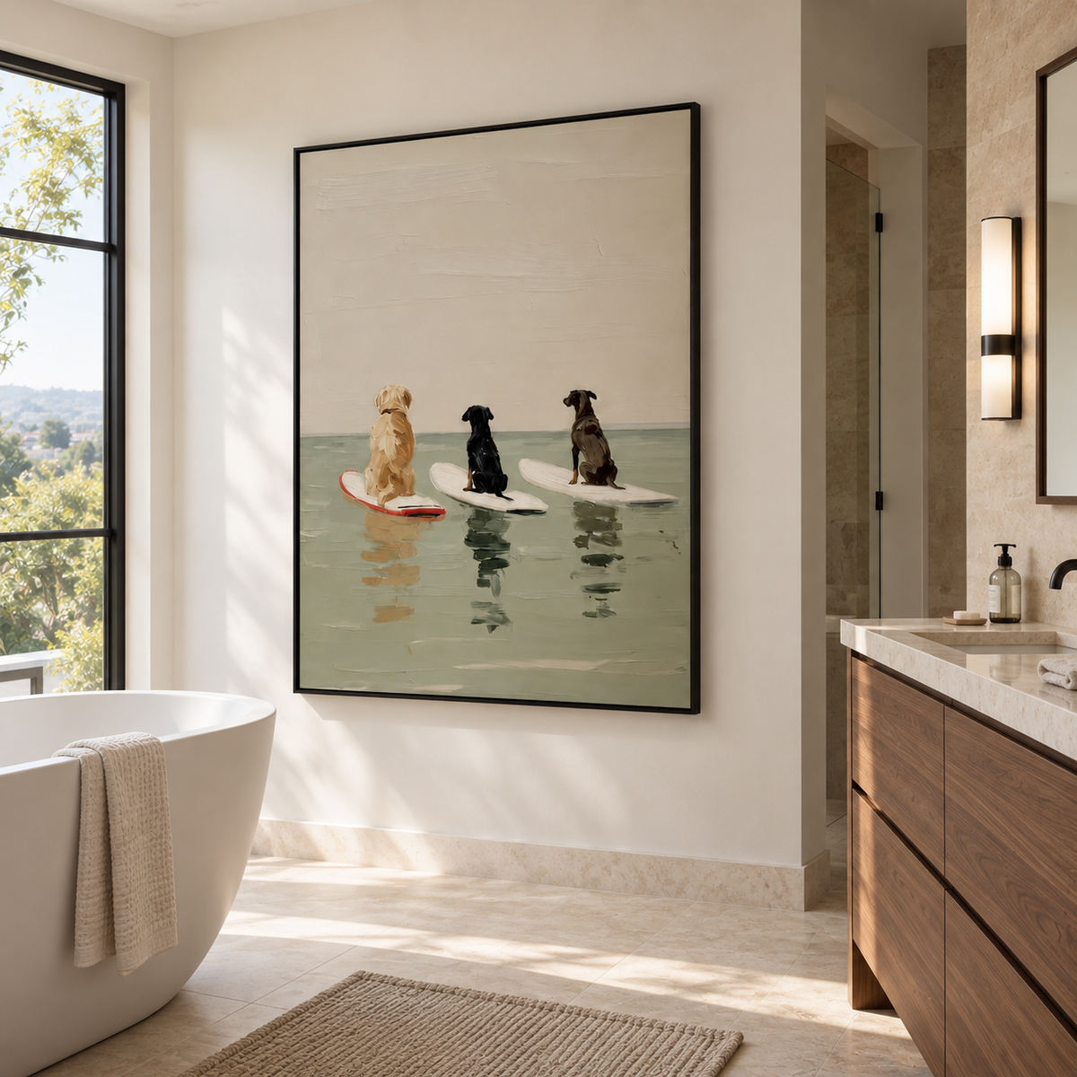 Three dogs viewed from behind sitting on separate surfboards in pale green water beneath a large beige sky, shown in room setting 4.